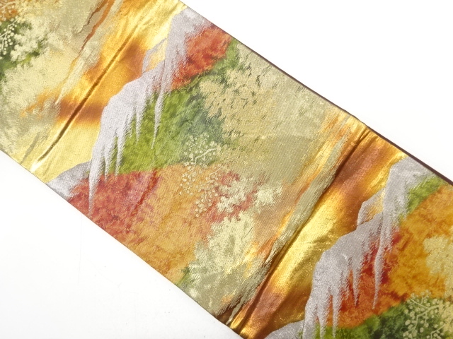 JAPANESE KIMONO / ANTIQUE FUKURO OBI / SILK / WOVEN MOUNTAIN & TREE